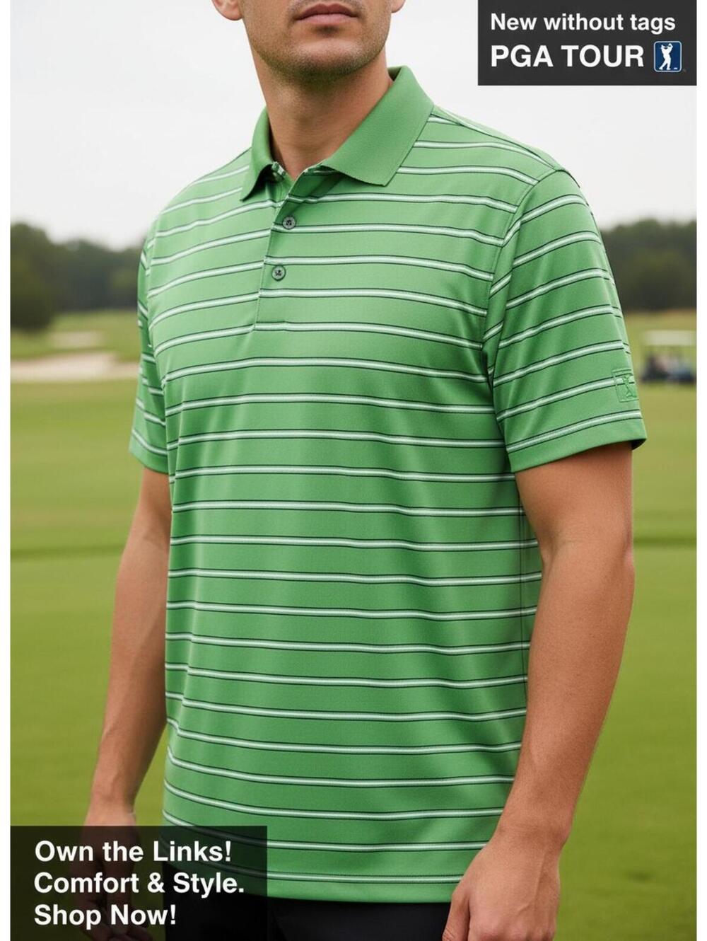 PGA TOUR Green Striped Golf Polo Shirt
